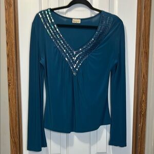 Blue Sequin Embellished V-Neck Long Sleeve Blouse